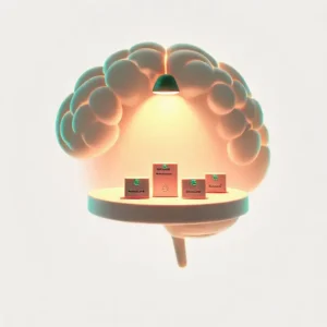 Pixar-style 3D illustration of a human brain silhouette with glowing memory blocks inside, representing working memory as a mental workspace