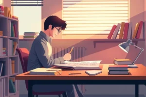 Illustration of a student studying at a desk, focusing on a book while distractions are absent, representing attention, focus, and sustained concentration