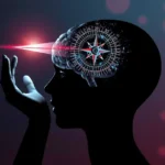 Illustration of a human brain with a compass and focused beam of light, symbolizing how attention and focus guide mental energy