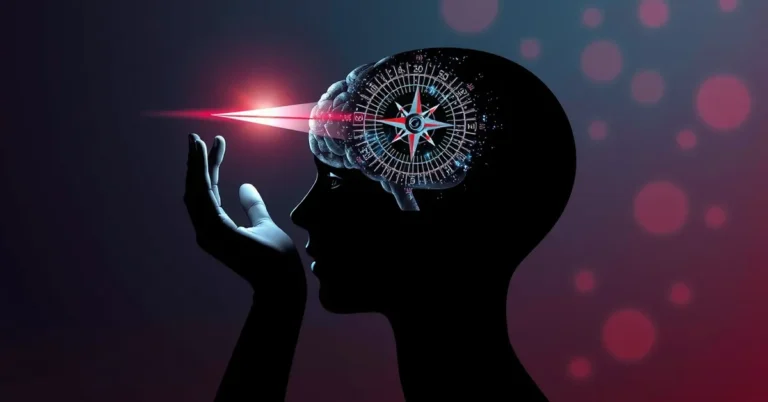 Illustration of a human brain with a compass and focused beam of light, symbolizing how attention and focus guide mental energy