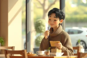 Person calmly enjoying a meal and writing a note without using a phone, illustrating slow, focused daily habits