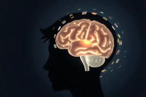 Illustration of a human brain under constant task switching, showing ongoing mental tension and stress caused by frequent multitasking