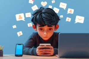A child overwhelmed by digital multitasking, holding a smartphone while notifications and messages surround them, illustrating attention overload and reduced focus