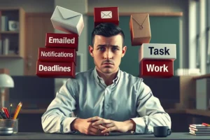 A tired man sitting at a desk while emails, notifications, deadlines, and work tasks pile up around him, illustrating cognitive overload and mental fatigue
