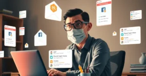 A man working on a laptop while surrounded by floating email and social media notifications, illustrating multitasking and attention overload