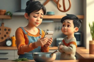 Parent checking a smartphone while cooking as a child looks up for attention, illustrating parental multitasking and reduced emotional presence