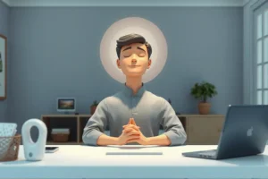 Person practicing mindfulness with eyes closed at a desk, illustrating present-moment awareness and improved focus
