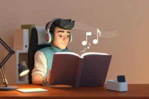 Illustration of a person reading a book while listening to soft music, showing safe multitasking with one high-load task and one low-load task