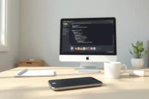 Minimalist workspace with a phone placed face down and a single task on the computer screen, illustrating reduced digital distractions and improved focus.
