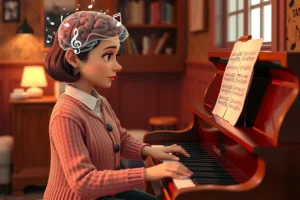 Pixar-style illustration of an adult woman practicing piano with focused attention, showing glowing neural pathways and musical notes symbolizing neuroplasticity through deliberate practice