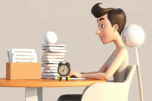 Person calmly working at an organized desk with tasks grouped together, illustrating task batching and reduced cognitive load