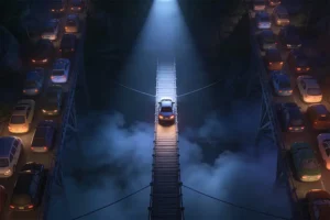 A top-down night view of a narrow one-lane bridge with a single car crossing under a spotlight while traffic waits on both sides, symbolizing the brain’s limited attention pathway