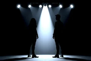 A dark stage with two human silhouettes standing apart while a single bright spotlight illuminates only one person at a time, symbolizing how human attention can focus on only one task at once