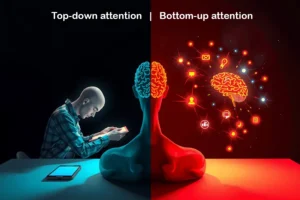 Split illustration showing deliberate focus on one side and automatic attention captured by notifications and digital stimuli on the other, representing top-down and bottom-up attention