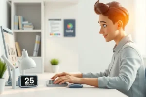Person working calmly at a desk with a 25-minute timer, illustrating focused work sessions and improved attention.