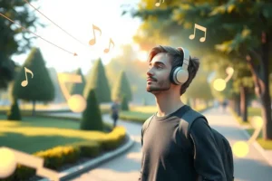 A man walking calmly in a park while listening to music through headphones, illustrating safe multitasking with low cognitive load tasks