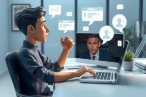 Office worker attending a video meeting while distracted by emails and chat notifications, illustrating workplace multitasking and reduced focus