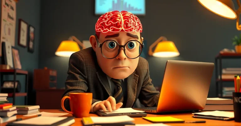 Pixar-style 3D office worker looking overwhelmed while multitasking at his desk, with a transparent head showing an overheated, glowing brain.