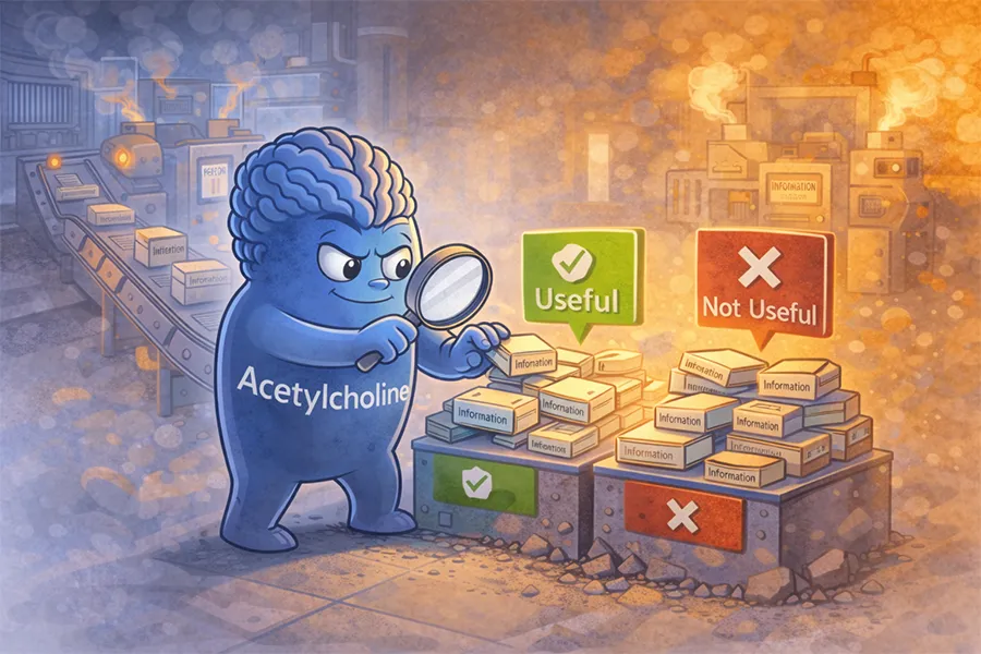 Illustration of acetylcholine personified as a worker inspecting incoming information in a factory, separating useful signals from irrelevant noise before they reach conscious attention