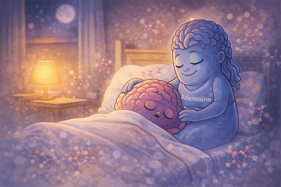 Illustration of adenosine personified as a caring figure gently helping a sleepy brain rest in bed, symbolizing how adenosine builds sleep pressure and reduces alertness
