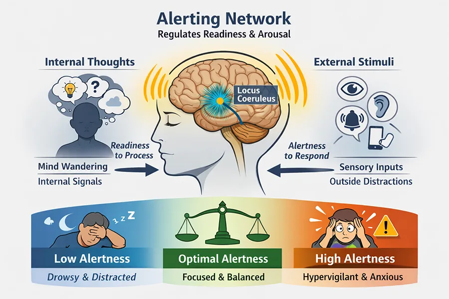 Diagram illustrating the brain’s alerting network, showing how different levels of alertness—from low to optimal to high—affect attention, distraction, and mental readiness