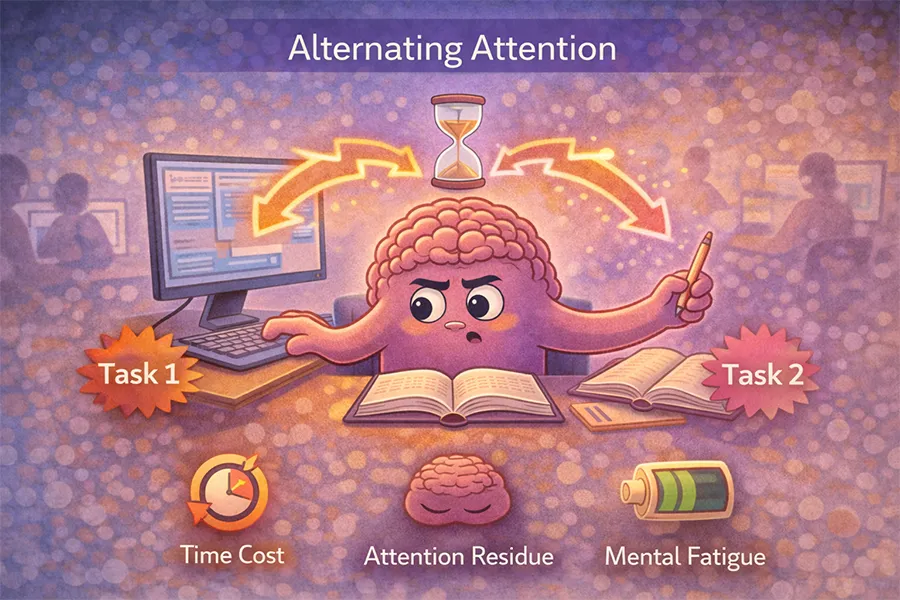 A cartoon brain switches focus between two tasks—computer work and reading—shown by arrows moving back and forth, illustrating alternating attention, time cost, attention residue, and mental fatigue caused by task switching