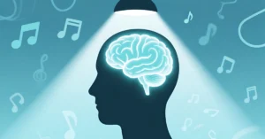 Illustration of a human head with a glowing brain under a spotlight, symbolizing attention, focus, and concentration as the mind directs awareness and filters distractions