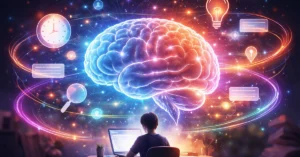 Illustration of a glowing human brain above a focused person working at a desk, representing attention span shaped by brain systems and mental processes