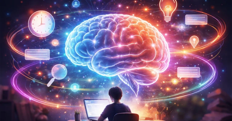 Illustration of a glowing human brain above a focused person working at a desk, representing attention span shaped by brain systems and mental processes