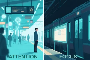 Split illustration of a train station showing attention as broad awareness of people, signs, and movement, and focus as narrow attention on a single train information board