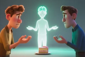 A calm central figure between two opposing versions of the same person, illustrating the brain detecting conflict and pausing before action