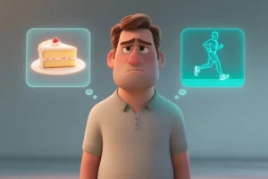A person mentally choosing between a slice of cake and a long-term fitness goal, illustrating willpower and self-control