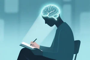 Illustration of a person calmly writing with a glowing brain, showing deep concentration as attention remains steady while background distractions fade away