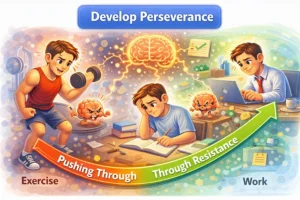 Illustration showing a person pushing through exercise, studying, and work, with repeated effort strengthening the brain and building perseverance