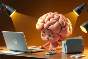 A 3D illustration of a tired brain working at a desk with a laptop and phone under multiple lights, showing divided attention and mental strain