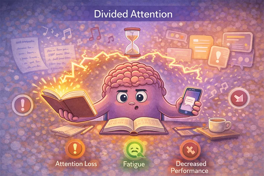 A cartoon-style brain character trying to read a book while holding a smartphone, with visual signals of mental strain showing attention loss, fatigue, and reduced performance caused by divided attention