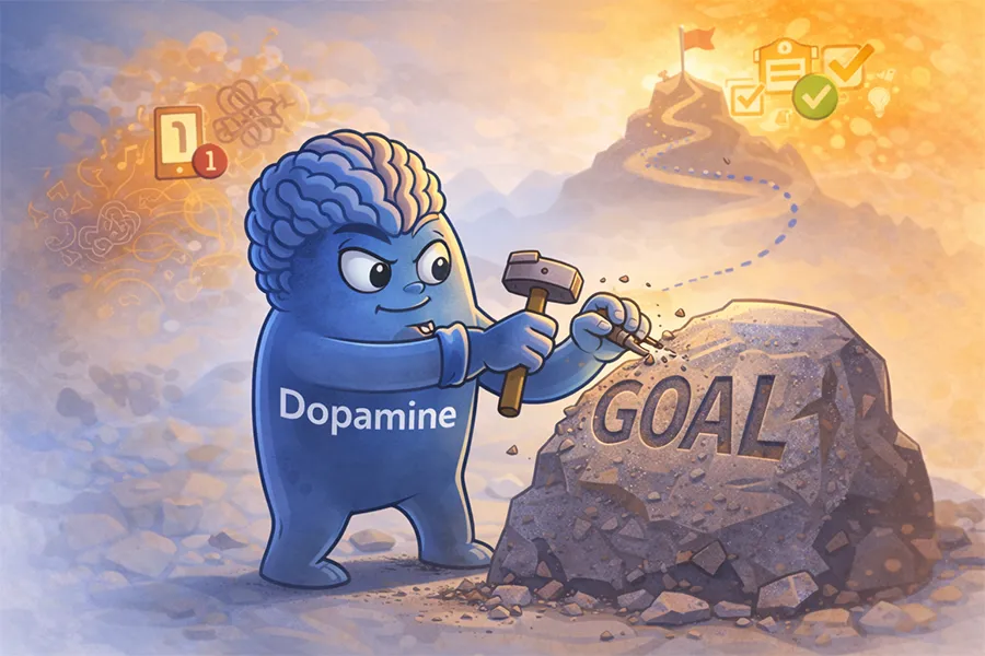 Illustration of dopamine personified as a character carving the word “goal” into stone, symbolizing how dopamine stabilizes goals in the brain and supports executive control of attention