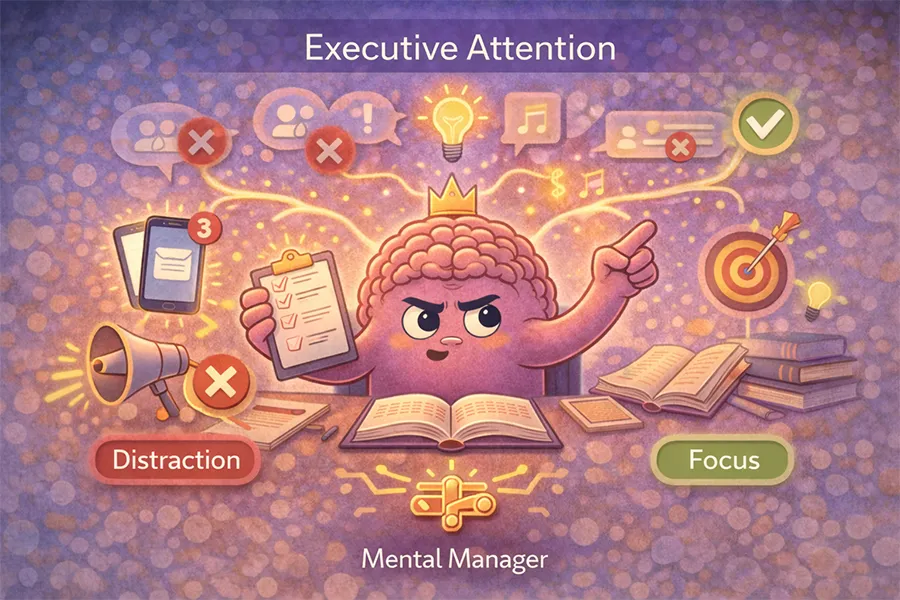 Cartoon illustration showing a personified brain acting as a mental manager, deliberately choosing a goal to focus on while rejecting distractions like notifications and noise, representing executive attention and conscious control of focus