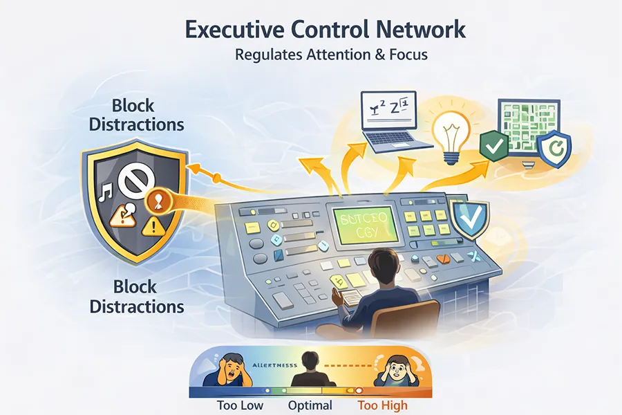 Diagram illustrating the executive control network, showing purposeful attention directed toward task goals while distractions are actively blocked by a shield, with alertness influencing focus.