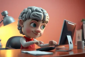 A 3D illustration of a calm brain focusing on a single task at a tidy desk, representing focused work instead of multitasking