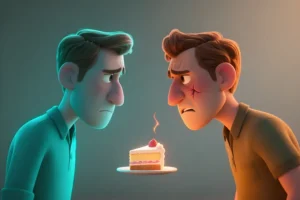 Two versions of the same person facing each other over a slice of cake, illustrating the conflict between impulse and self-control in the brain