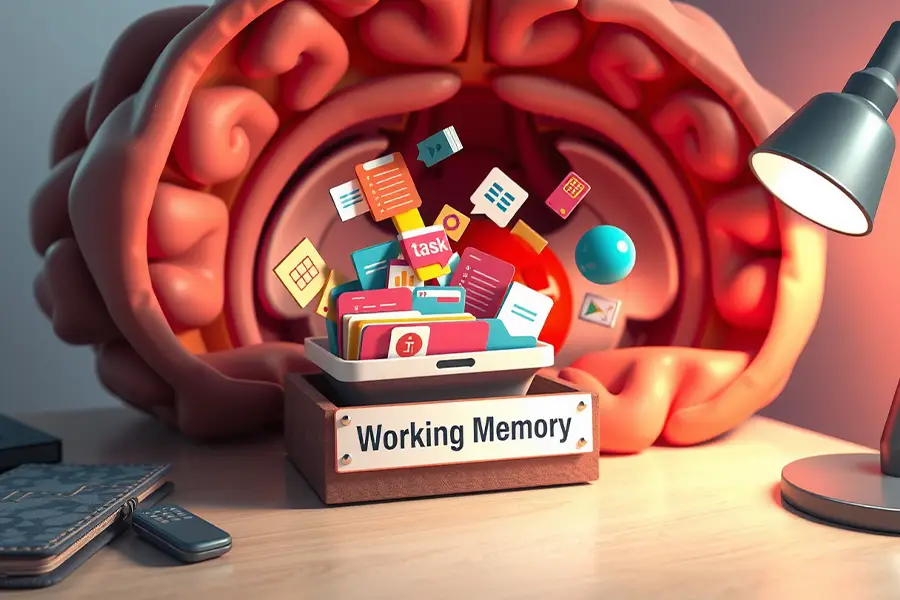 A 3D illustration of a brain with a small tray labeled working memory overflowing with task cards and notes, showing limited working memory