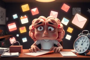 A 3D illustration of a stressed brain sitting at a desk while emails, calendars, and notifications float around, representing stress caused by multitasking