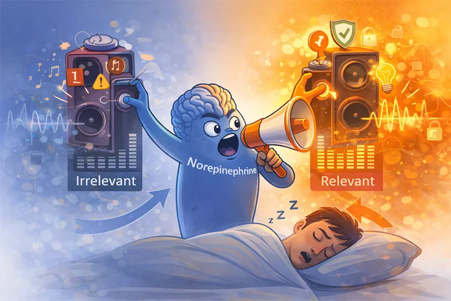 Illustration of norepinephrine personified as a character increasing the volume of relevant signals and reducing irrelevant distractions to wake a sleeping brain and sharpen attention