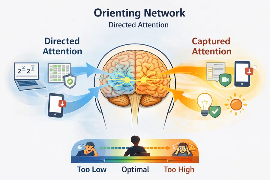 Diagram showing the brain’s orienting network, with directed attention flowing outward toward task-related focus and captured attention flowing inward from distracting stimuli, influenced by alertness level