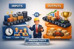 Illustration showing productivity as the relationship between inputs (time, labor, resources) and outputs (results), highlighting efficiency rather than multitasking