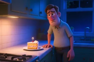 A tired person pausing in a kitchen at night while looking at a slice of cake, illustrating late-night temptation and self-control
