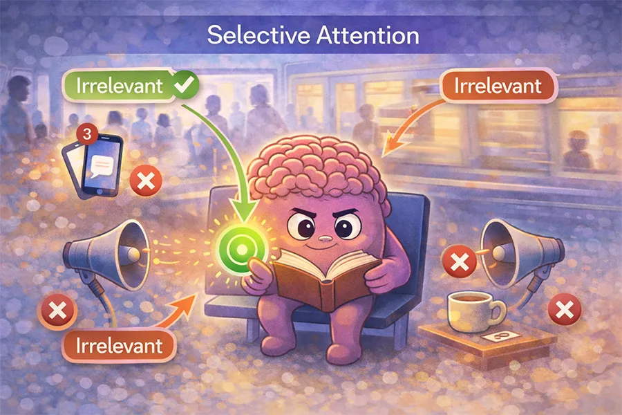 Cartoon illustration of a friendly brain character deliberately pointing toward a book and highlighted task icons while ignoring other options in a busy environment, showing selective attention as actively choosing what to focus on