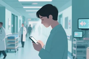 Illustration of a person reading a phone in a hospital hallway while background activity, staff, and equipment fade out, showing how attention narrows awareness