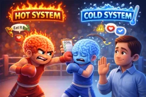 Pixar-style illustration showing a calm person stopping a fight between the hot system and cold system, representing self-control by avoiding impulsive conflict in advance
